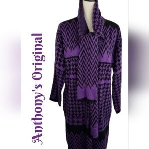 Anthony's Original Purple & Black  Midi One Button Built In Scarf Sweater Sz M